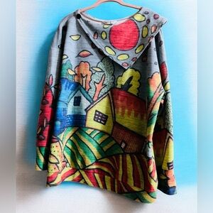Cute Long Sleeves Whimsical House Print Top XXL